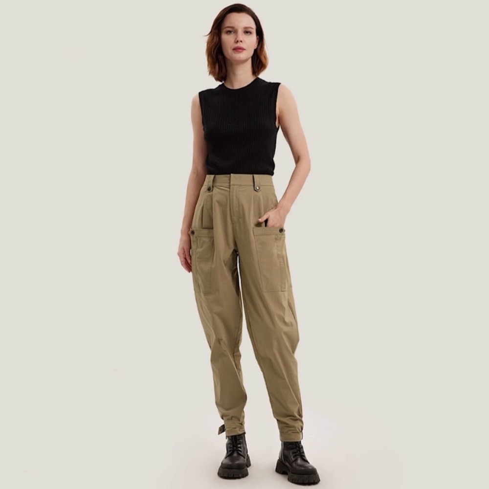 Gentle Herd || High Waist Pocket Taper‎ Cotton Blend Ankle Trouser Pant Khaki M